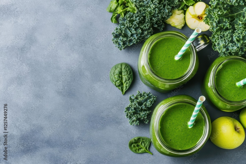 Poster green smoothie with apples and spinach in a glass on a wooden table with fresh ingredients around it