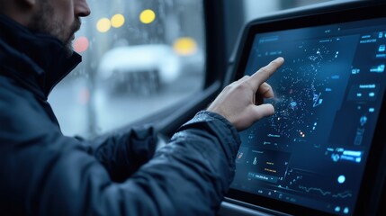 Man interacting with digital touchscreen interface in vehicle. Technology and navigation concept for modern driving.