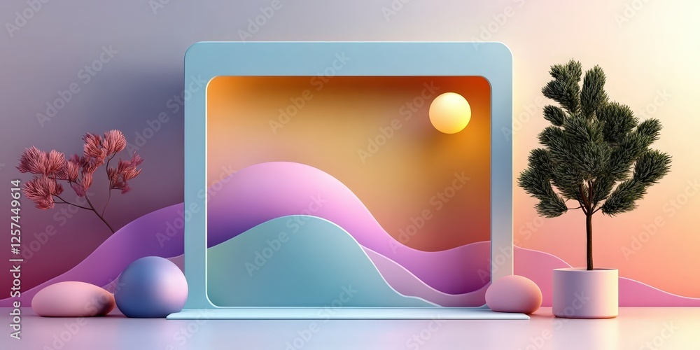 Aufkleber surreal colorful interior scene with rectangular frame modern home 3d render artistic design unique 