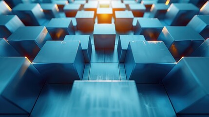 Futuristic blue cubes with glowing light reflections in a geometric pattern
