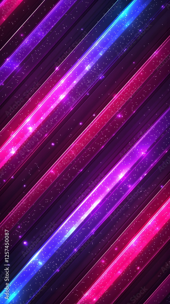 Poster colorful neon stripes with glowing stars and a dark background creating an abstract design pattern.