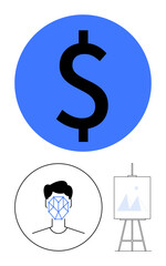 Dollar sign in blue circle, a stylized face with a geometric grid, and an abstract canvas on an easel. Ideal for finance, AI, biometrics, technology, innovation, creativity abstract line flat