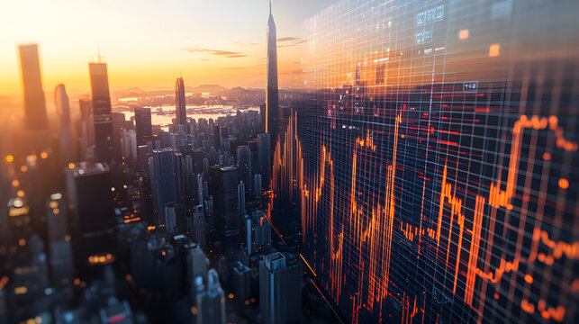 Global Finance, Cityscape Sunset and Stock Market Data Overlay