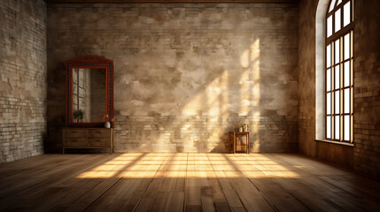 Fototapeta premium Sunlit rustic room interior, wooden floor, antique furniture