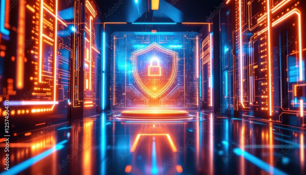 Poster futuristic digital security interface with glowing lock and circuit patterns in neon colors
