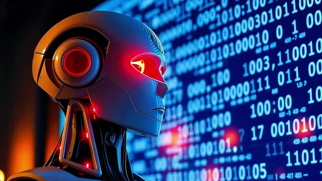 Futuristic robot analyzing digital data in a high-tech environment with glowing binary code backdrop