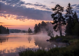Fototapeta premium Tranquil Lakeside at Dusk with Soft Hues – Peaceful Water Reflection, Serene Twilight Landscape
