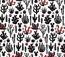 red black and white desert cacti seamless pattern, vector illustration repeat design print