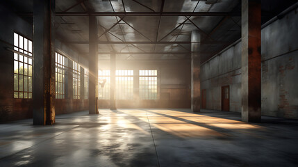 Sunrise in abandoned factory; dust motes dance in sunbeams. Industrial background; perfect for design