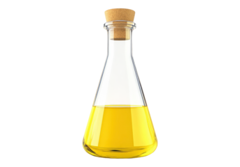 Conical flask with cork containing yellow liquid.