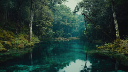 Fototapeta premium Clear blue river reflecting the surrounding lush forest in nature