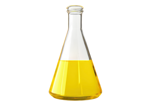 Conical flask with yellow liquid.