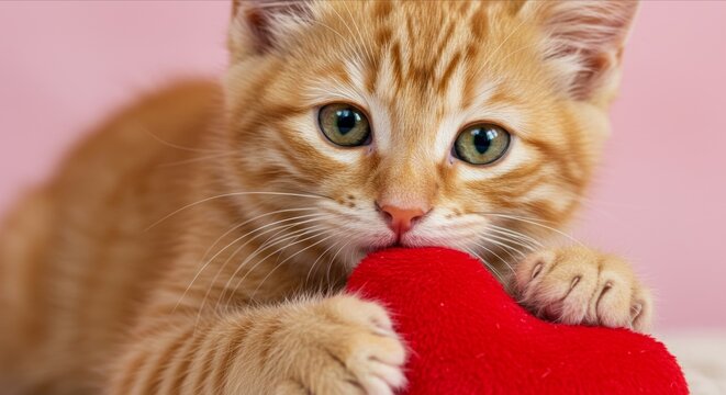 Ginger kitten hugs red heart toy - Powered by Adobe