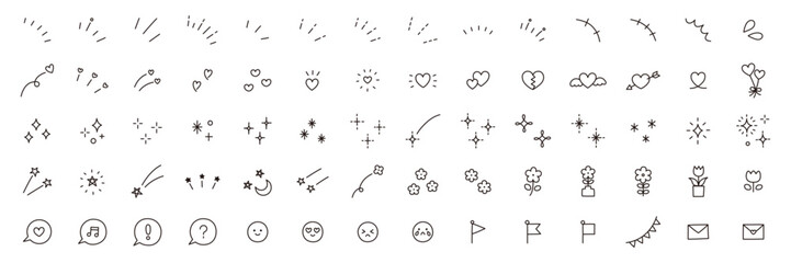 かわいいアイコンセットのベクターイラスト。飾り、ハート、シンプル、星、集中線	