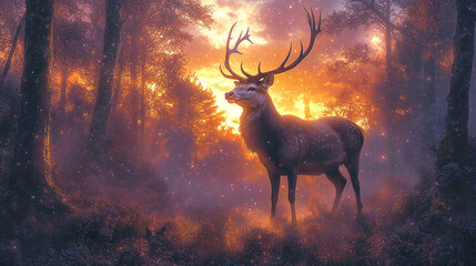 Majestic stag in an enchanting forest at sunrise.