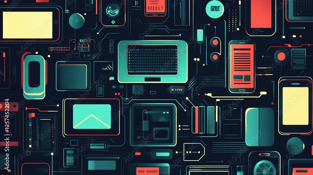 Poster abstract digital technology network: a vibrant illustration showcasing interconnected devices and ci
