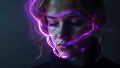 a woman with a neon light effect