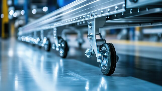 Close-up of industrial caster wheels on shiny metal surface in warehouse setting. Concept of manufacturing and industrial mobility.