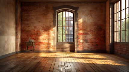 Sunlit loft interior, brick walls, wooden floor, city view
