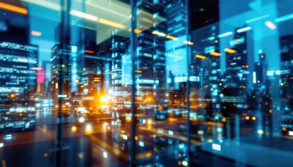 Vibrant urban nightscape reflection of city lights on glass windows