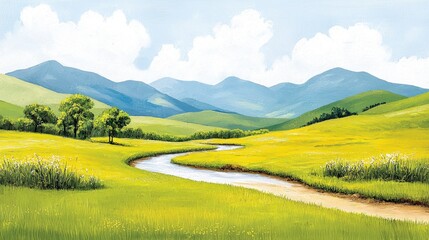 Obraz premium Serene Landscape with Rolling Green Hills and Gentle Stream Under Blue Sky