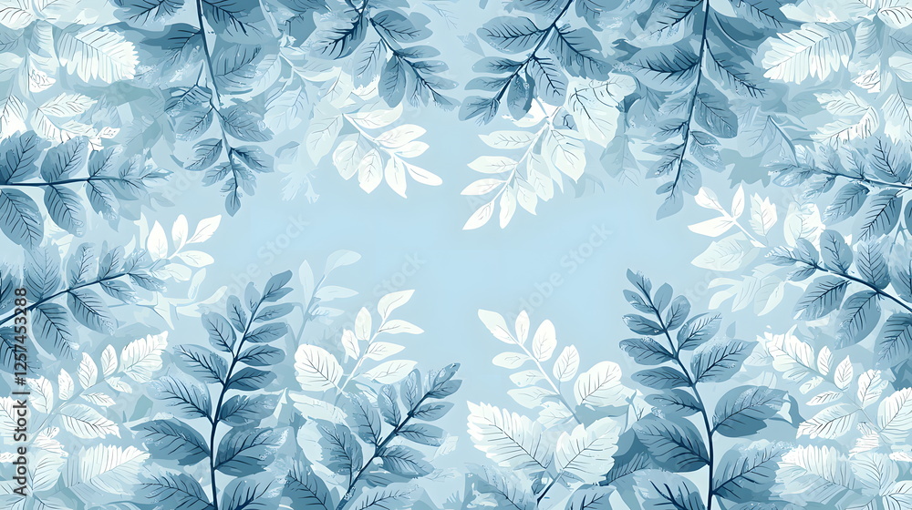 Poster blue leaf pattern on soft background with varying shades of greenery and delicate textures creating 
