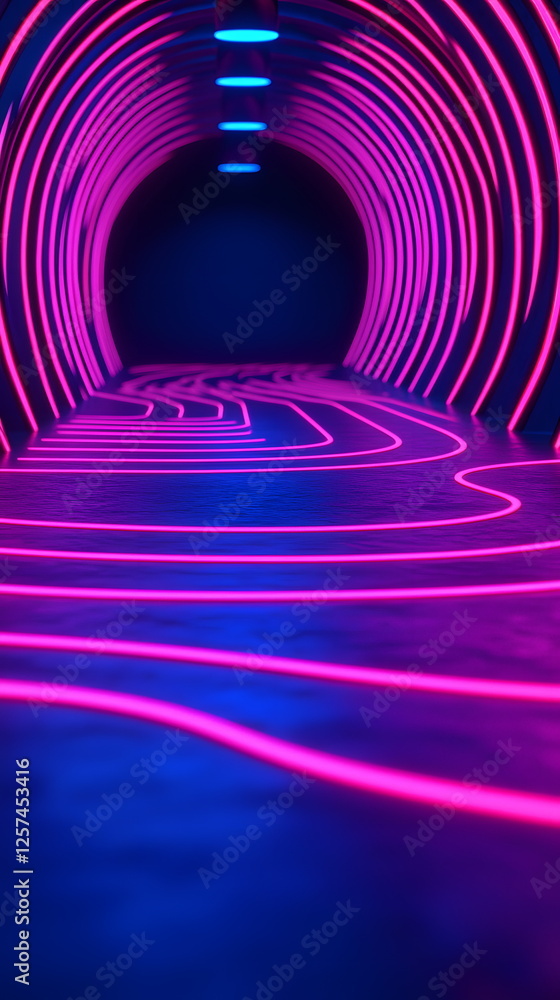 Poster bright neon lights illuminating a tunnel with curved lines creating a vibrant, futuristic atmosphere
