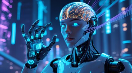 Fototapeta premium Glowing AI Awakens in a Futuristic Neon City