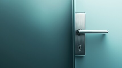 Stylish teal door with metal handle partially opened, showing sleek minimalistic design. Concept of modern architecture and privacy.