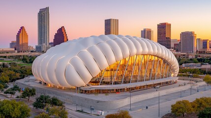 Modern architectural design of a unique building with city skyline at sunset