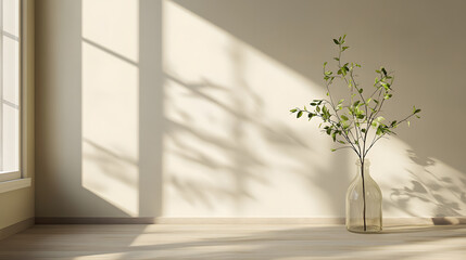 Minimalist Interior Scene with Sunlight and Greenery