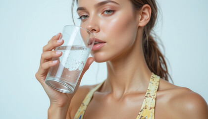 A young, fit, and attractive sportive woman holding a glass of still water, highlighting her radiant skin and commitment to hydration and overall health.