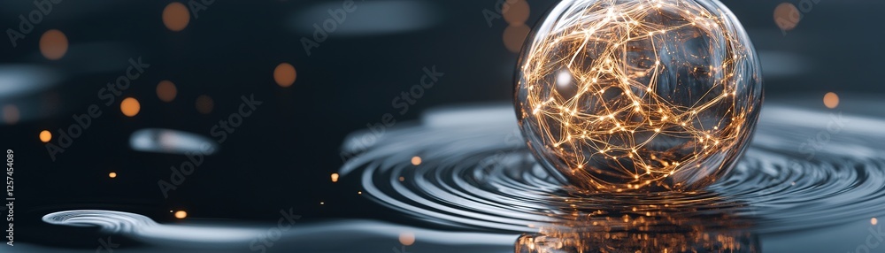 Poster a radiant golden sphere made of intertwined ai data streams hovers above a deep black reflective sur