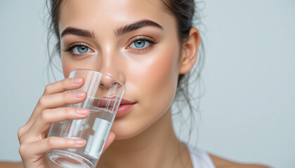 A young, fit, and attractive sportive woman holding a glass of still water, highlighting her radiant skin and commitment to hydration and overall health.