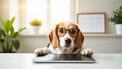 Beagle wearing glasses focused on tablet in minimalist workspace, curiosity