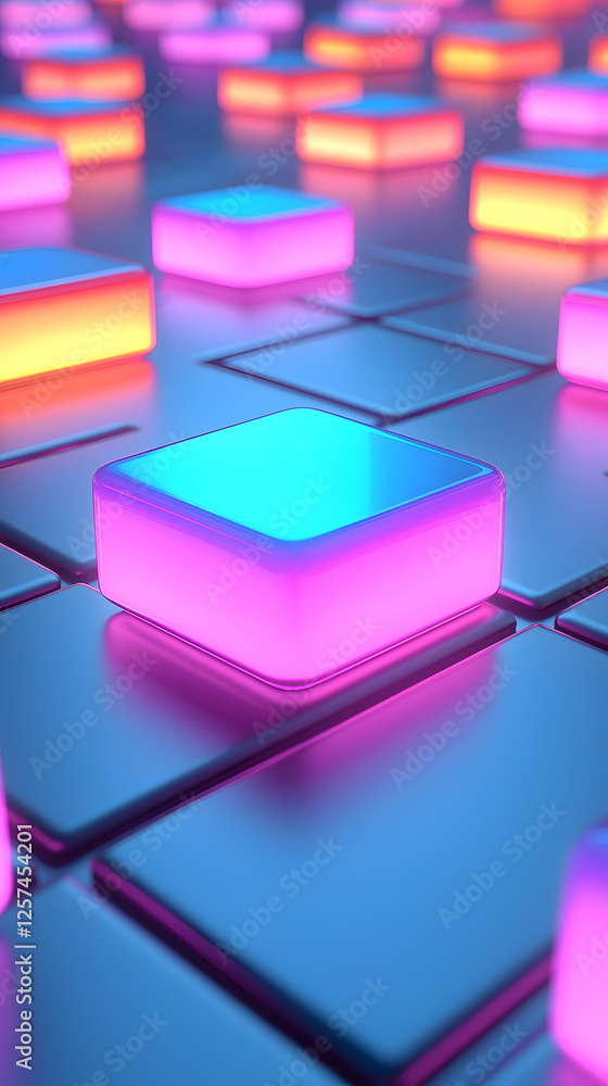 Poster colorful glowing keyboard keys in a futuristic setting with vibrant neon lighting and reflections.