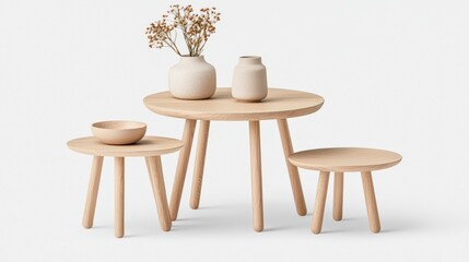 Minimalist wooden tables with decorative vases and dried flowers in modern interior design