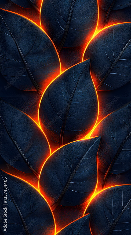 Poster glowing blue and orange leaves arranged in a striking pattern with a dark background creating a capt