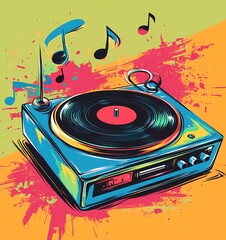 Pop art vector of an old vinyl record player with music notes and musical notes, vibrant color background