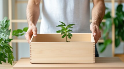 Hands holding a wooden box with a small plant inside, surrounded by greenery. Environmental sustainability and eco-friendly concept.