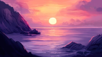 A serene sunset over calm waters, with rocky cliffs framing the tranquil scene.