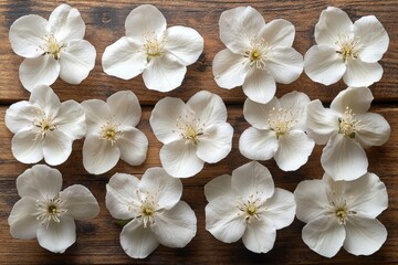 Twelve white flowers arranged on wood. Perfect for spring, nature, or floral themes.