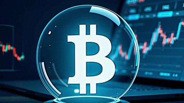 Bitcoin crystal ball reflecting market trends with financial graphs on a laptop in a dark setting