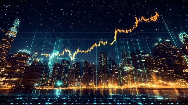 Night Cityscape with Stock Market Growth Chart Overlay