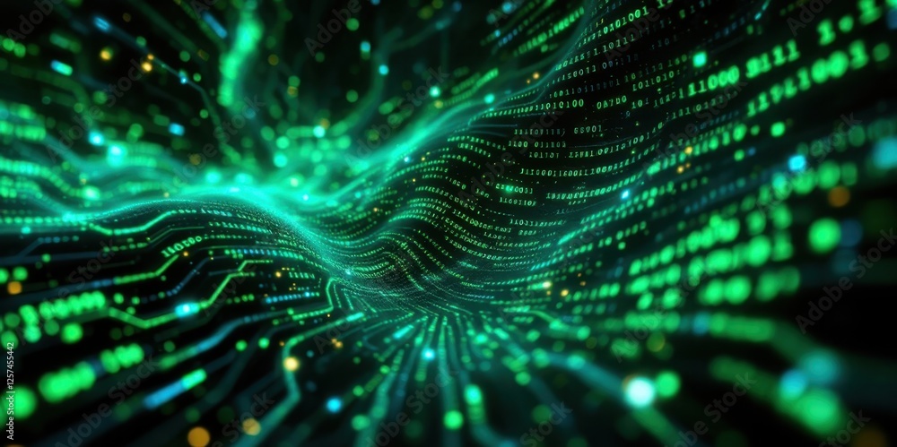 Poster dynamic green matrix of flowing digital code with abstract light streaks