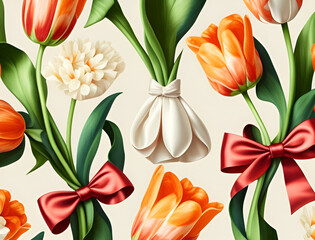Seamless Elegant Tulip Pattern with Satin Bows