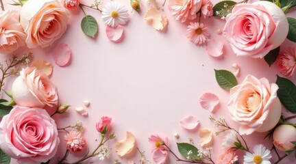 Delicate Pink Roses and Flowers Forming a Romantic Frame on a Soft Pink Background