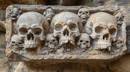 Intricate stone carving of multiple skulls displayed in a historical site with textured background