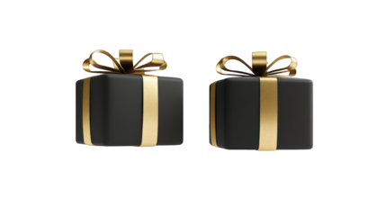 flying two black gift box with gold ribbon 3d render icon isolated on white background