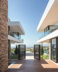 Modern Architectural Design Featuring Open Doors and Scenic View